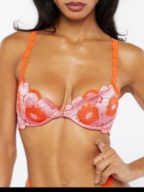 Savage X Fenty Size 36DDD Pink Orange Perfect Poppies Unlined Lace Demi Bra